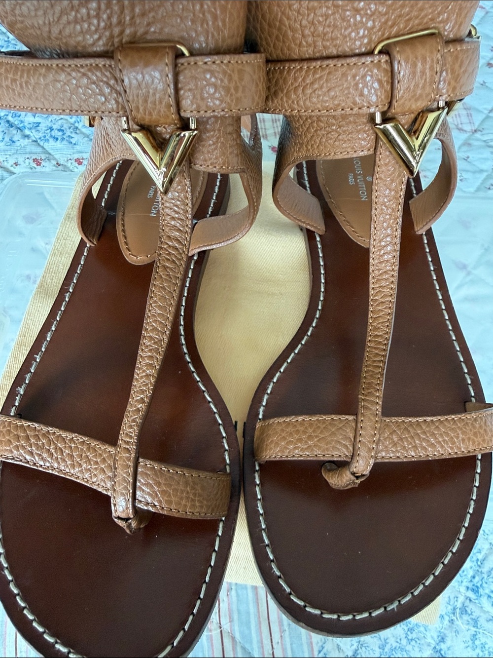 Louis Vuitton Brown Tan Leather T-Strap Sandals with Gold LV Detail